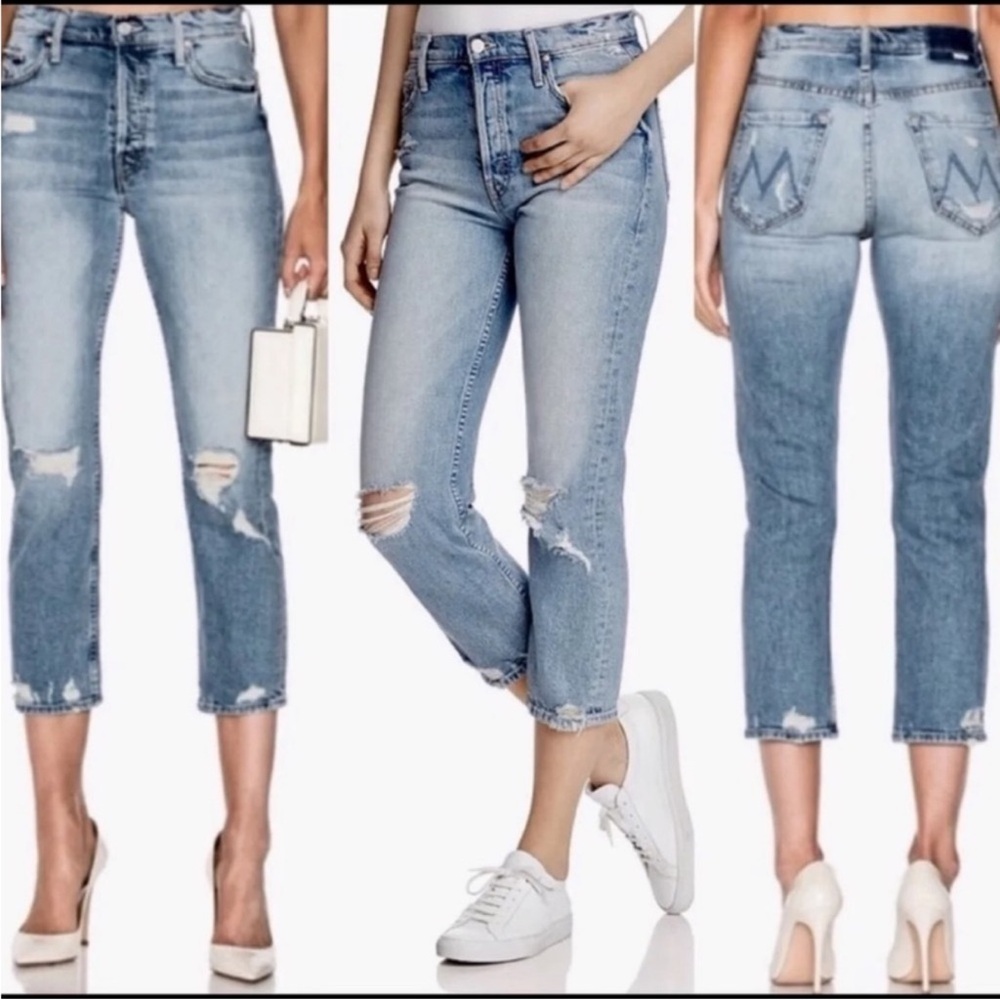 MOTHER Light Blue Cropped Distressed Jeans